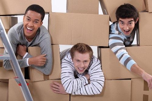 Professional movers in Waterloo organizing packed moving boxes